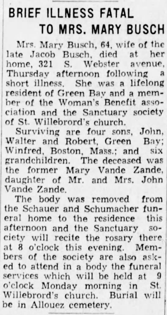 Brief Illness Fatal to Mrs. Mary Busch (newspaper, Green Bay, Brown County, Wisconsin, 1938)