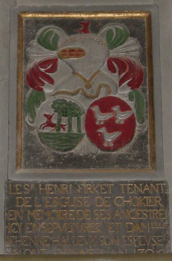 Blason de Henri Firket et Jehenne Halleux (église de Chockier, 1706)